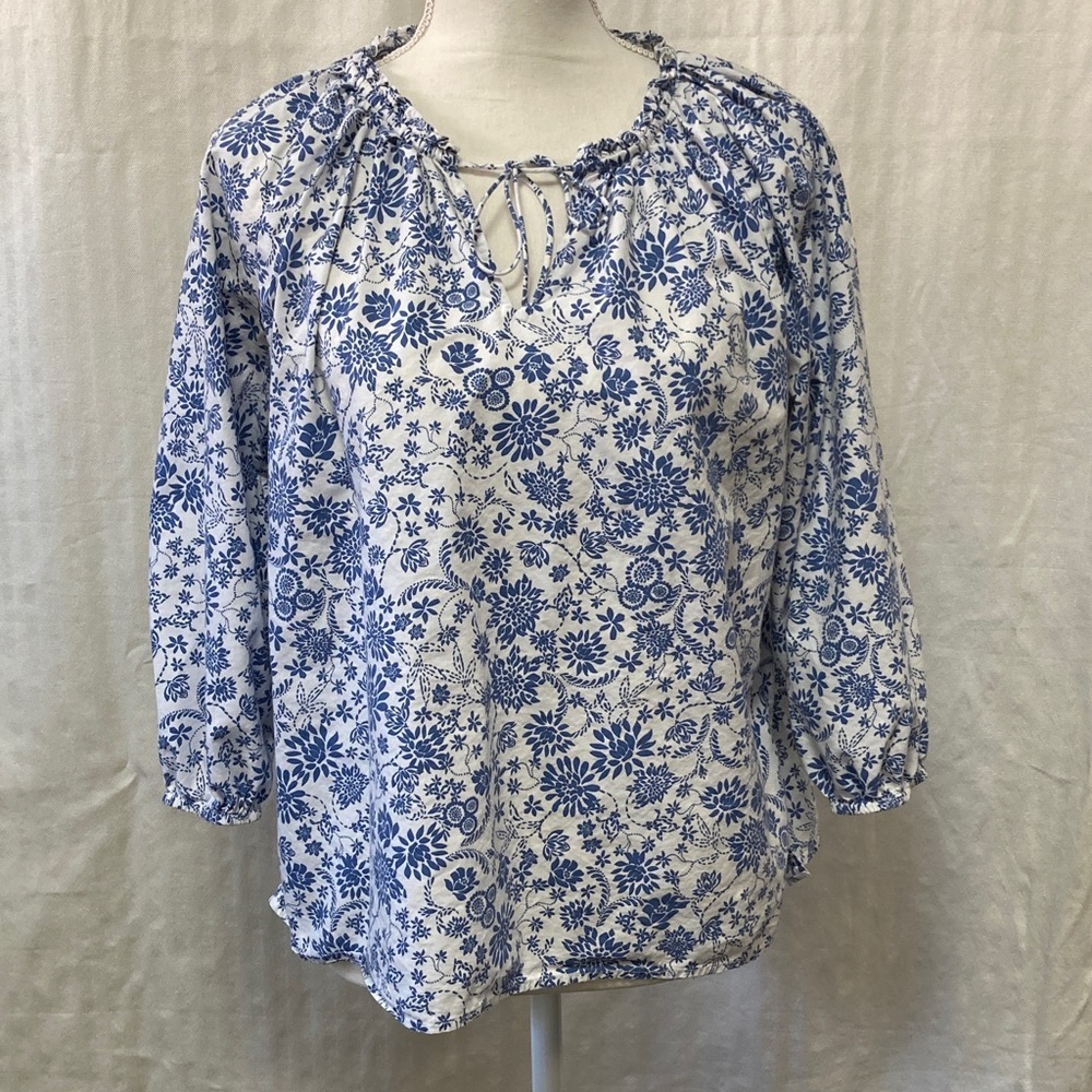 LOFT White Blouse with Blue Floral Print and Tie Neck